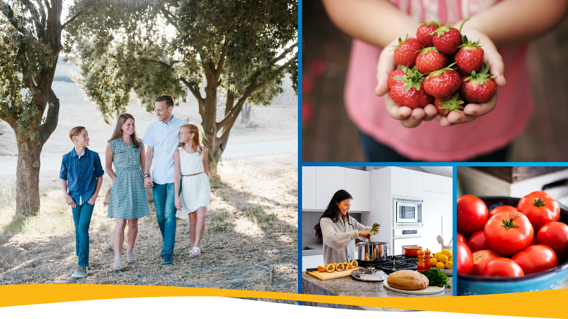 Flyer header with four images. Family walking in the woods, hands holding strawberries, woman cooking, and a bowl of tomatoes
